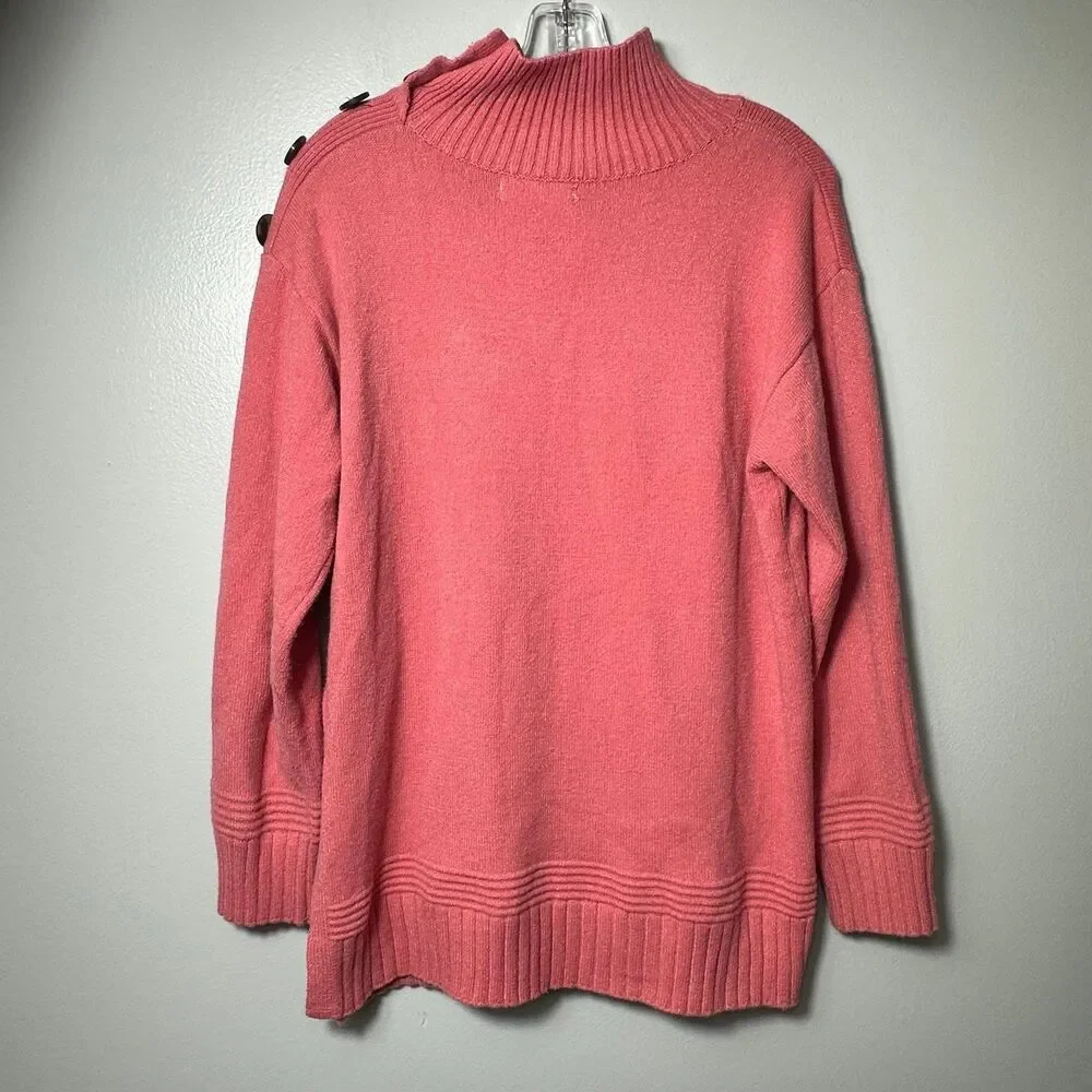 Anthropologie Margarita Tunic Sweater Button Shoulder Coral Pink Pullover Small